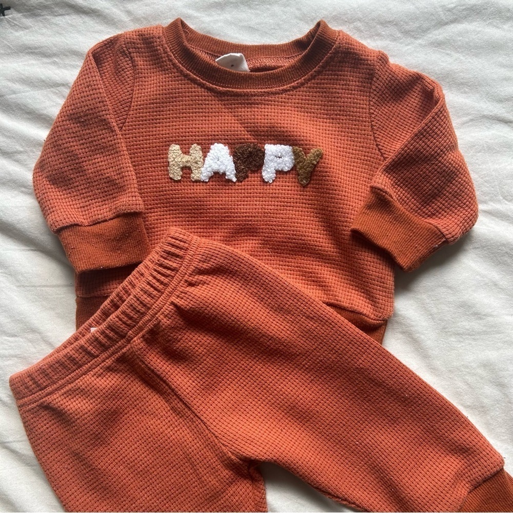 Baby Waffle Knit Two Piece “Happy” Set in Burnt Orange Fall / Autumn